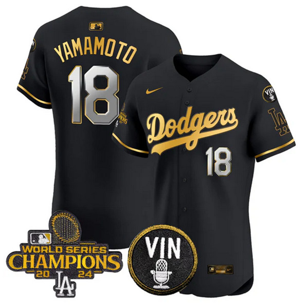 Men's Los Angeles Dodgers #18 Yoshinobu Yamamoto Black/Gold 2024 World Series Champions With Vin Patch Vapor Limited Stitched Baseball Jersey Men's Los Angeles Dodgers #18 Yoshinobu Yamamoto Black/Gold 2024 World Series Champions With Vin Patch Vapor Limited Stitched Baseball Jersey